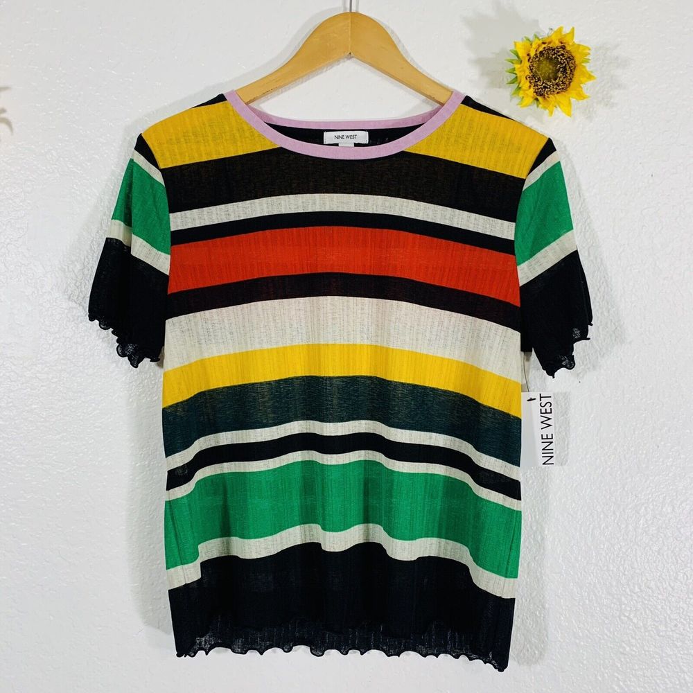 Nine West NWT Stripe Ruffle Short Sleeve Blouse Size Medium Women’s